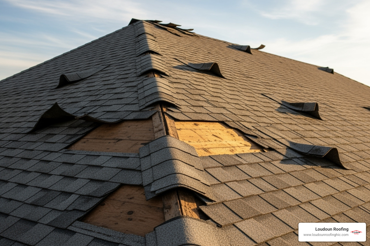 Curling and missing asphalt shingles on a residential roof - roofing leesburg Curling and missing asphalt shingles on a residential roof - roofing leesburg