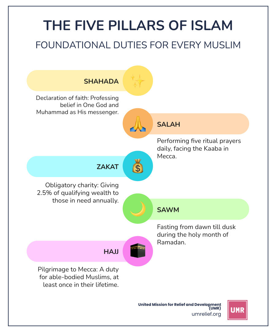 Infographic showing the Five Pillars of Islam: Shahada (Faith), Salah (Prayer), Zakat (Almsgiving), Sawm (Fasting during Ramadan), and Hajj (Pilgrimage to Mecca), with Zakat highlighted as the third pillar representing 2.5% of wealth given annually to those in need - Pay Zakat online infographic infographic-line-5-steps-colors Infographic showing the Five Pillars of Islam: Shahada (Faith), Salah (Prayer), Zakat (Almsgiving), Sawm (Fasting during Ramadan), and Hajj (Pilgrimage to Mecca), with Zakat highlighted as the third pillar representing 2.5% of wealth given annually to those in need - Pay Zakat online infographic infographic-line-5-steps-colors