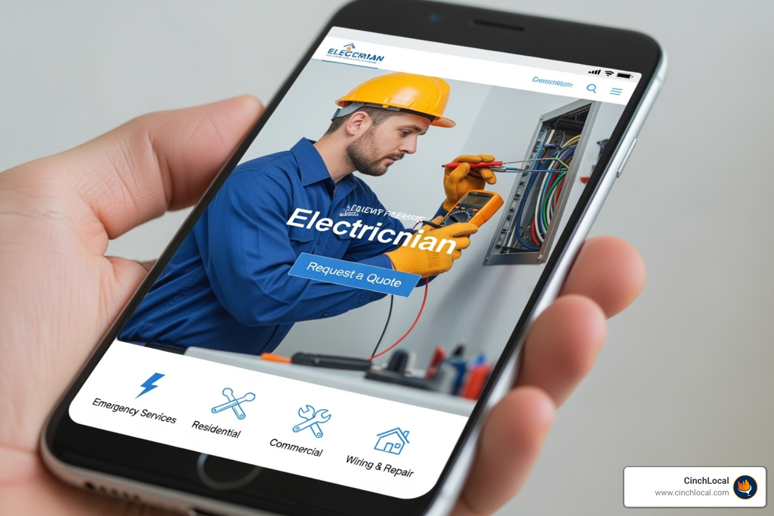 Smartphone displaying a fast-loading, mobile-optimized electrician website - SEO for Electricians Smartphone displaying a fast-loading, mobile-optimized electrician website - SEO for Electricians