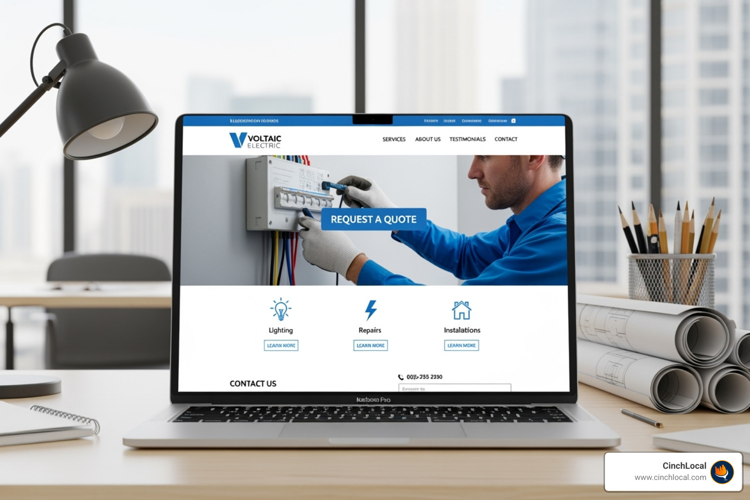 Modern electrician website displayed on a laptop, highlighting clear calls-to-action and service pages - SEO for Electricians Modern electrician website displayed on a laptop, highlighting clear calls-to-action and service pages - SEO for Electricians