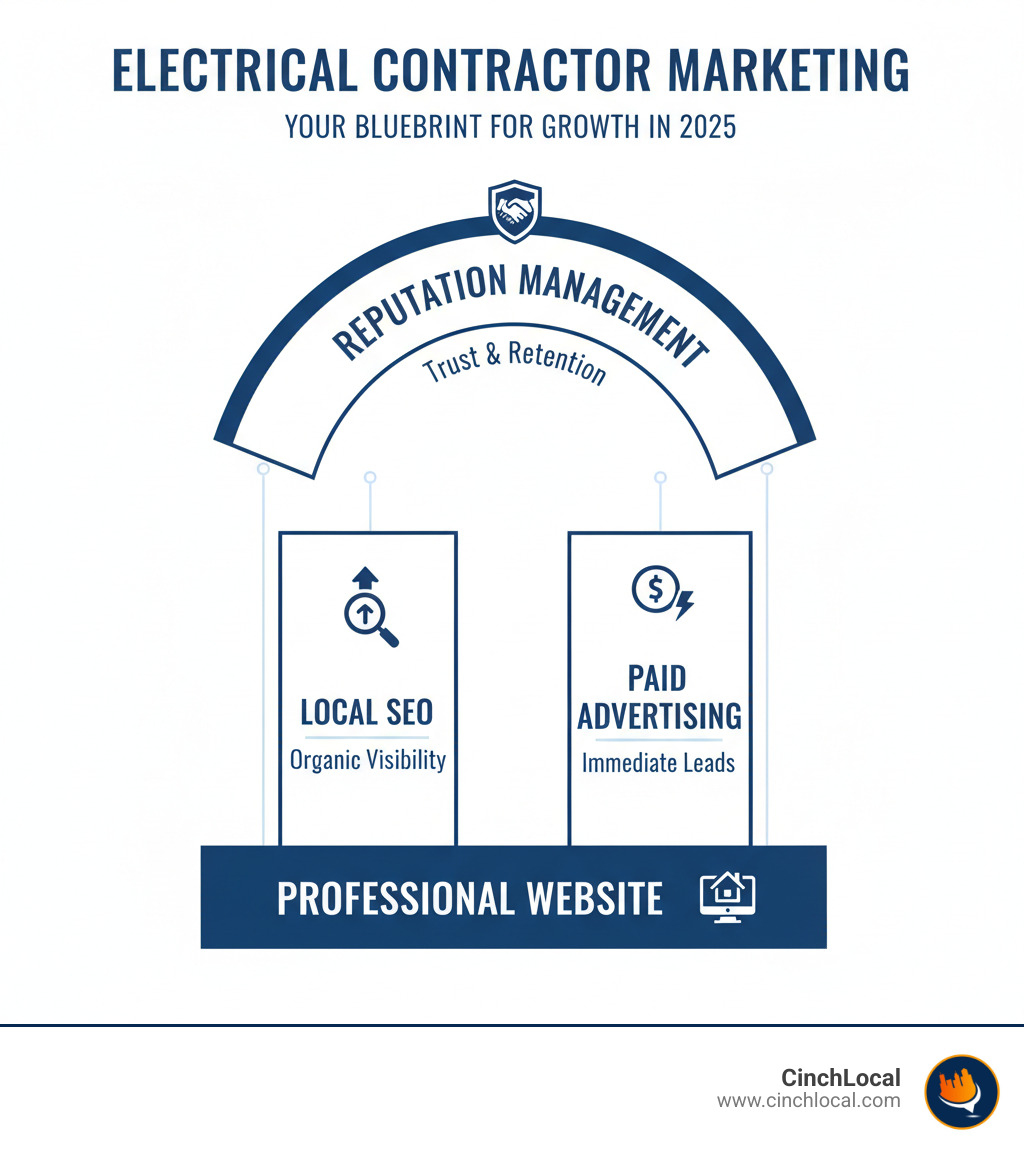 Infographic showing the four pillars of modern electrical contractor marketing: a professional website as the foundation, local SEO for organic visibility, paid advertising for immediate leads, and reputation management for trust and retention - Electrical contractor marketing infographic  Infographic showing the four pillars of modern electrical contractor marketing: a professional website as the foundation, local SEO for organic visibility, paid advertising for immediate leads, and reputation management for trust and retention - Electrical contractor marketing infographic