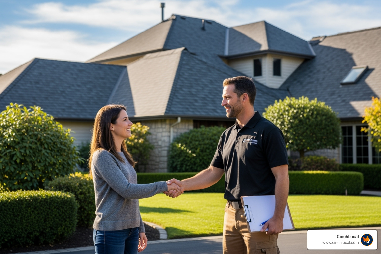 Roofing contractor closing a successful job with a client - Electrical contractor marketing Roofing contractor closing a successful job with a client - Electrical contractor marketing