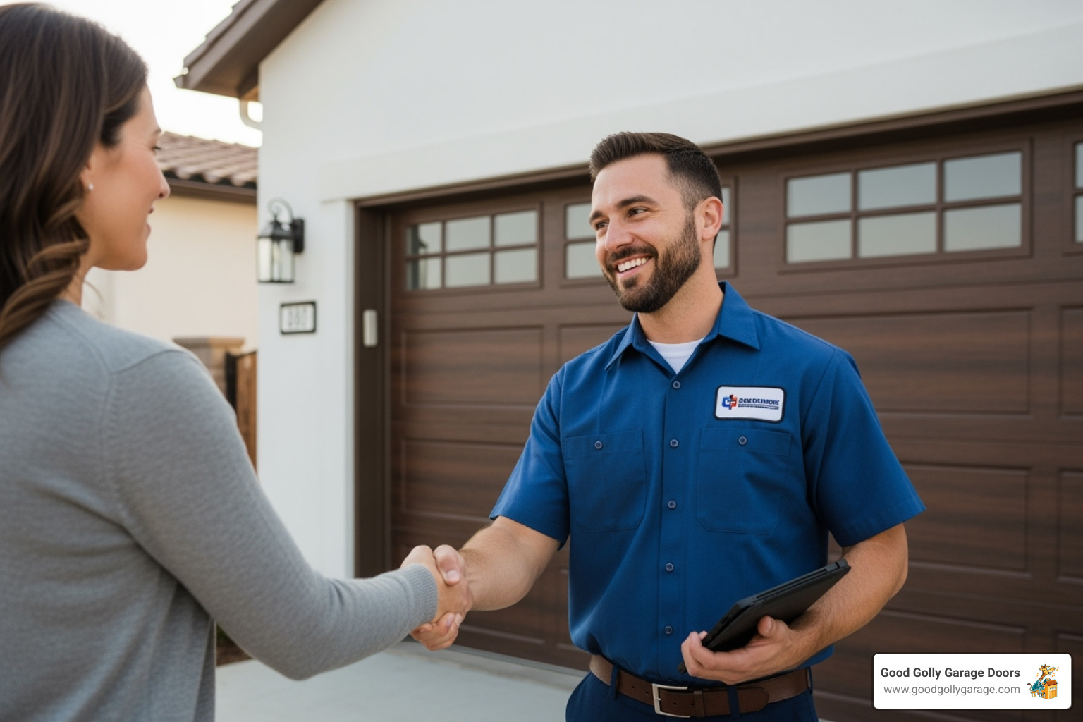 homeowner shaking hands with a friendly garage door technician - certified garage door repair technician in kyle tx homeowner shaking hands with a friendly garage door technician - certified garage door repair technician in kyle tx