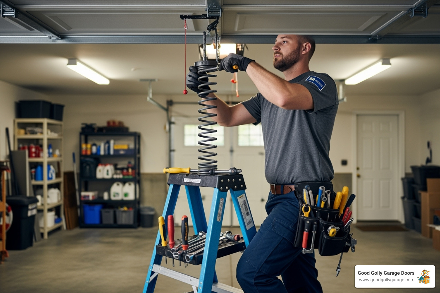 technician performing a garage door spring repair - certified garage door repair technician in kyle tx technician performing a garage door spring repair - certified garage door repair technician in kyle tx