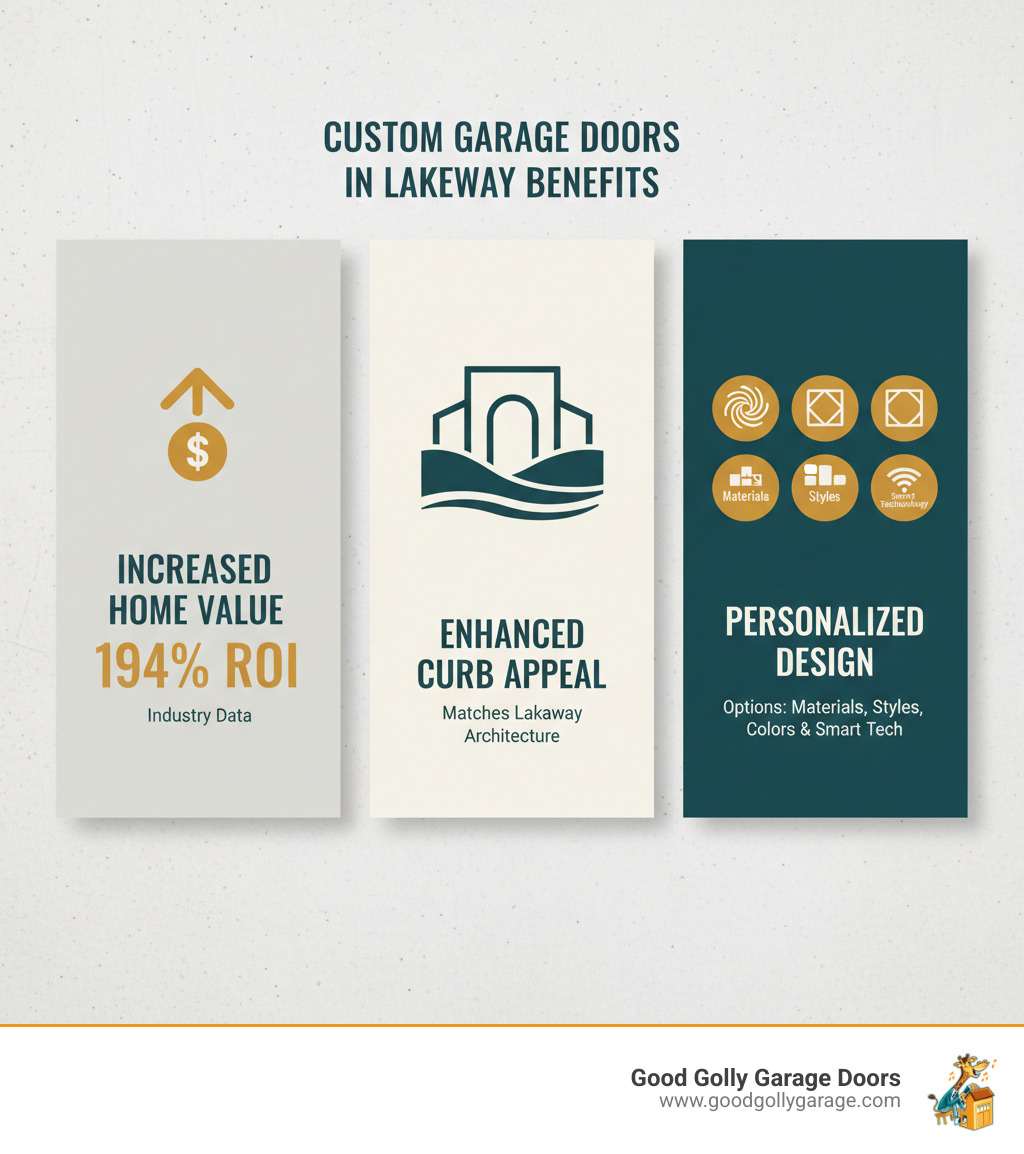 infographic showing three key benefits of custom garage doors in lakeway: increased home value with 194% ROI, enhanced curb appeal matching local architecture, and personalized design options including materials, styles, colors, and smart technology - custom garage door repair installation in lakeway tx infographic 