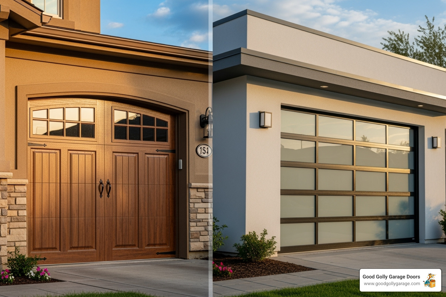 different garage door styles like carriage house and modern glass - custom garage door repair installation in lakeway tx