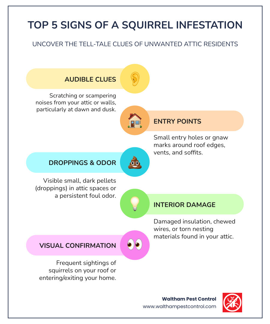 Infographic showing the top 5 signs of a squirrel infestation: 1. Scratching or scampering noises in attic or walls, especially at dawn and dusk, 2. Small entry holes or gnaw marks around roof edges, vents, and soffits, 3. Visible droppings (small, dark pellets) in attic spaces or near entry points, 4. Damaged insulation, chewed wires, or torn materials in attic, 5. Squirrel sightings on roof or entering/exiting home during daylight hours - squirrel removal near me infographic infographic-line-5-steps-colors