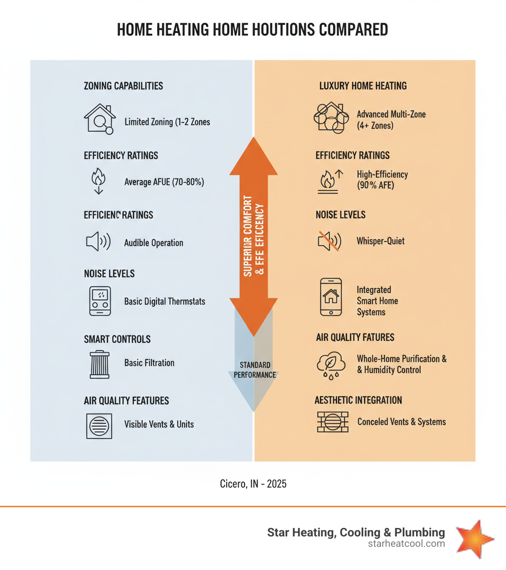 Infographic comparing standard residential heating systems with luxury home heating solutions, showing differences in zoning capabilities, efficiency ratings, noise levels, smart controls, air quality features, and aesthetic integration options - heating services for luxury homes in cicero in infographic Infographic comparing standard residential heating systems with luxury home heating solutions, showing differences in zoning capabilities, efficiency ratings, noise levels, smart controls, air quality features, and aesthetic integration options - heating services for luxury homes in cicero in infographic