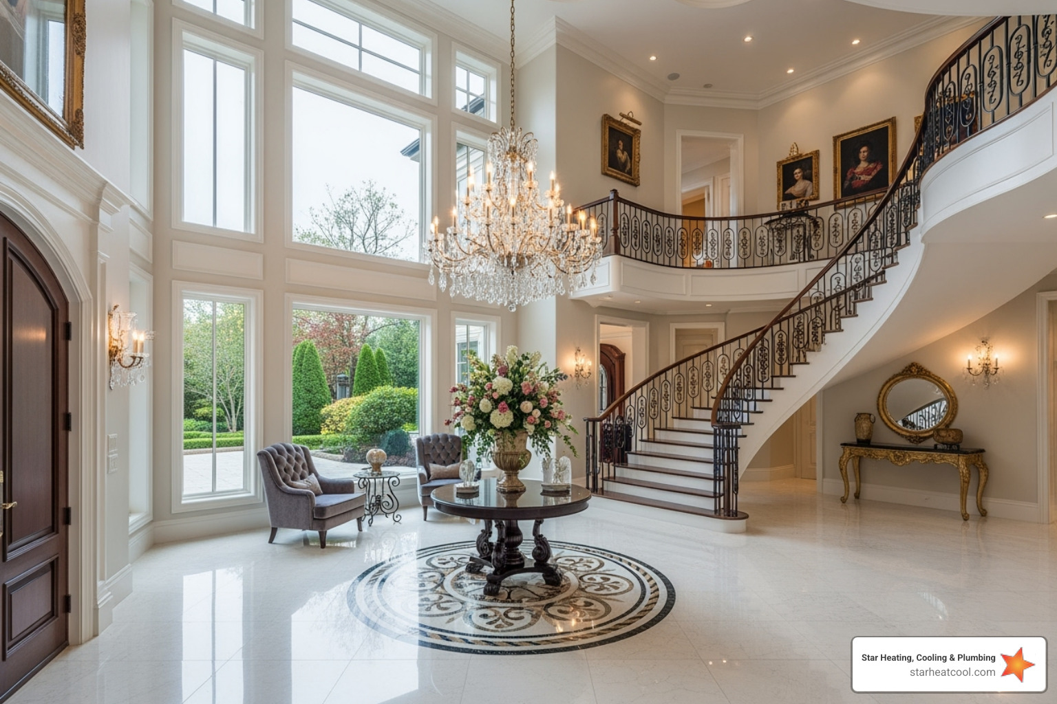 A grand foyer with high ceilings and large windows in a luxury home - heating services for luxury homes in cicero in A grand foyer with high ceilings and large windows in a luxury home - heating services for luxury homes in cicero in