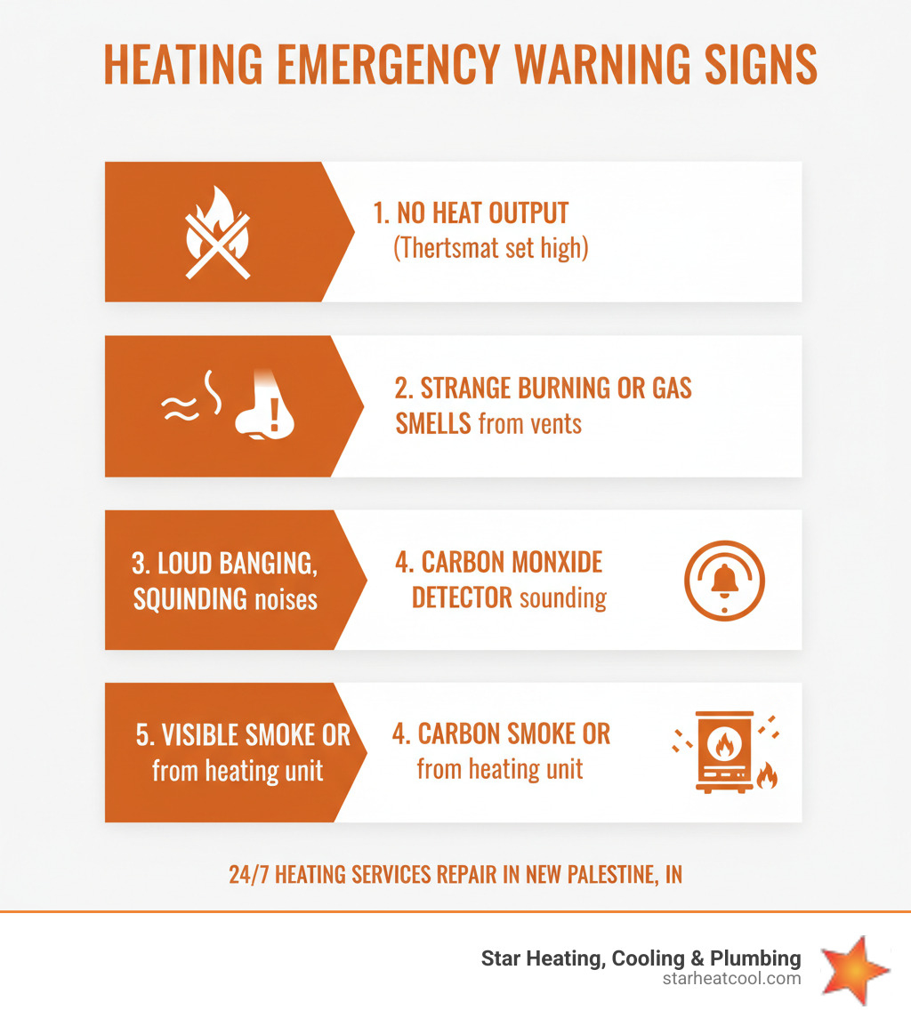 Infographic showing top 5 heating emergency warning signs: 1) No heat output despite thermostat being set correctly, 2) Strange burning or gas smells from vents, 3) Loud banging, squealing or grinding noises from furnace, 4) Carbon monoxide detector alarm sounding, 5) Visible smoke or sparks from heating unit - 24/7 heating services repair in new palestine in infographic  Infographic showing top 5 heating emergency warning signs: 1) No heat output despite thermostat being set correctly, 2) Strange burning or gas smells from vents, 3) Loud banging, squealing or grinding noises from furnace, 4) Carbon monoxide detector alarm sounding, 5) Visible smoke or sparks from heating unit - 24/7 heating services repair in new palestine in infographic