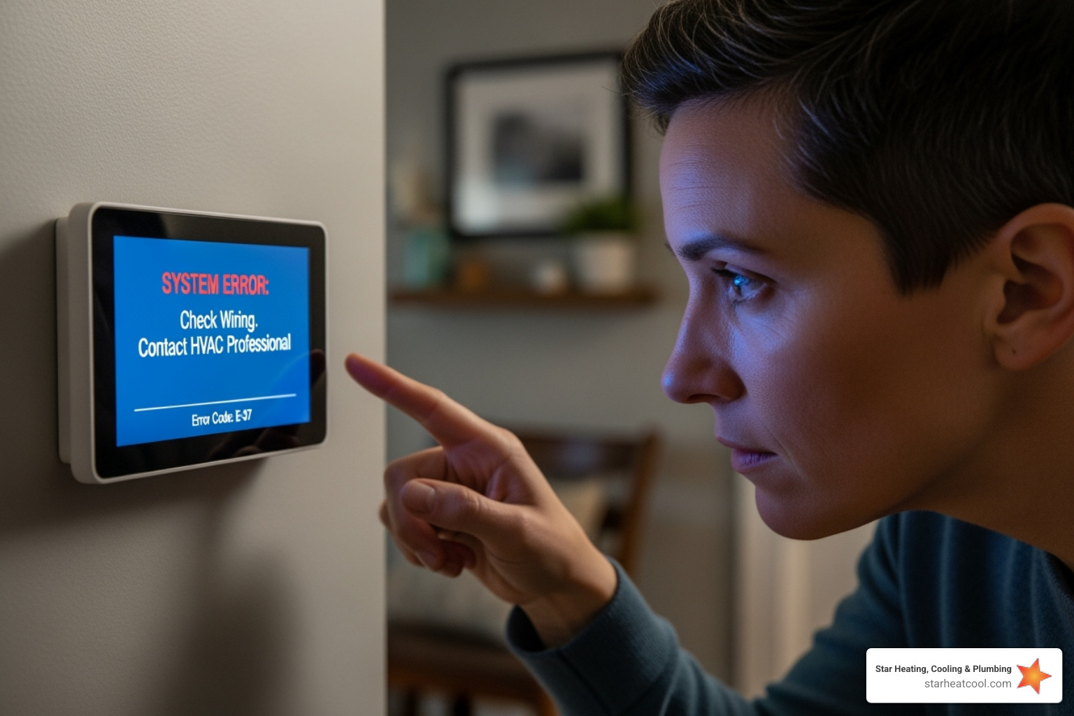 person looking at a thermostat with an error message - 24/7 heating services repair in new palestine in person looking at a thermostat with an error message - 24/7 heating services repair in new palestine in