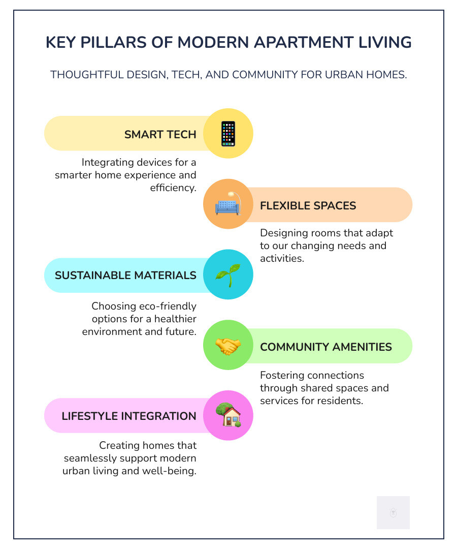 key pillars of modern apartment living: Smart Tech, Flexible Spaces, Sustainable Materials, and Community Amenities - modern apartment living infographic infographic-line-5-steps-colors