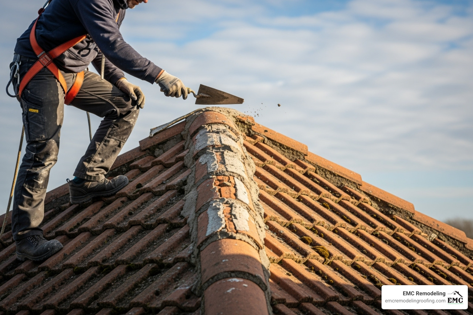Roofer pointing a trowel at crumbling mortar on a roof ridge - roof repointing cost