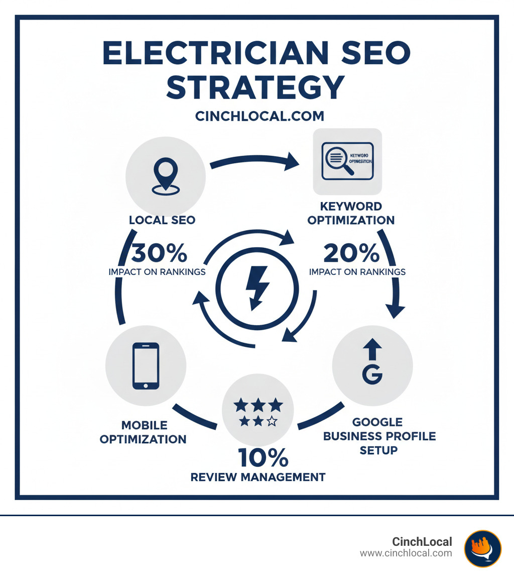infographic showing SEO strategy components for electricians including local SEO, keyword optimization, Google Business Profile setup, mobile optimization, and review management with percentages of impact on search rankings - SEO for electricians infographic 