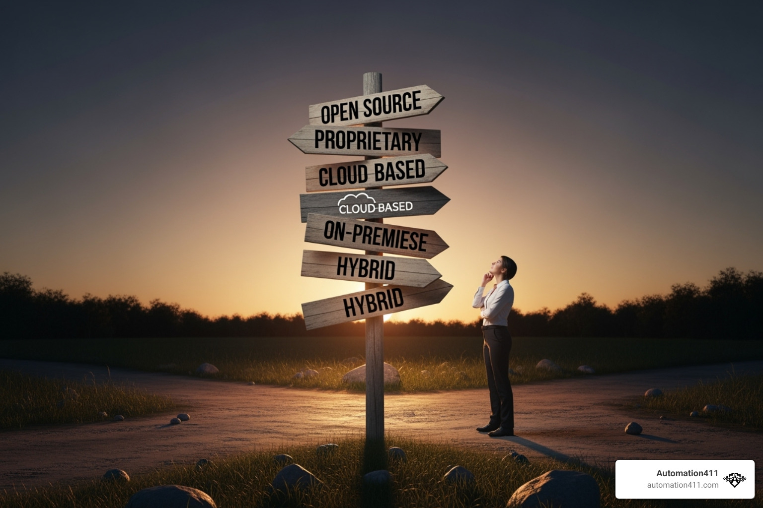 person at a crossroads with signs pointing to different software types - funnel software