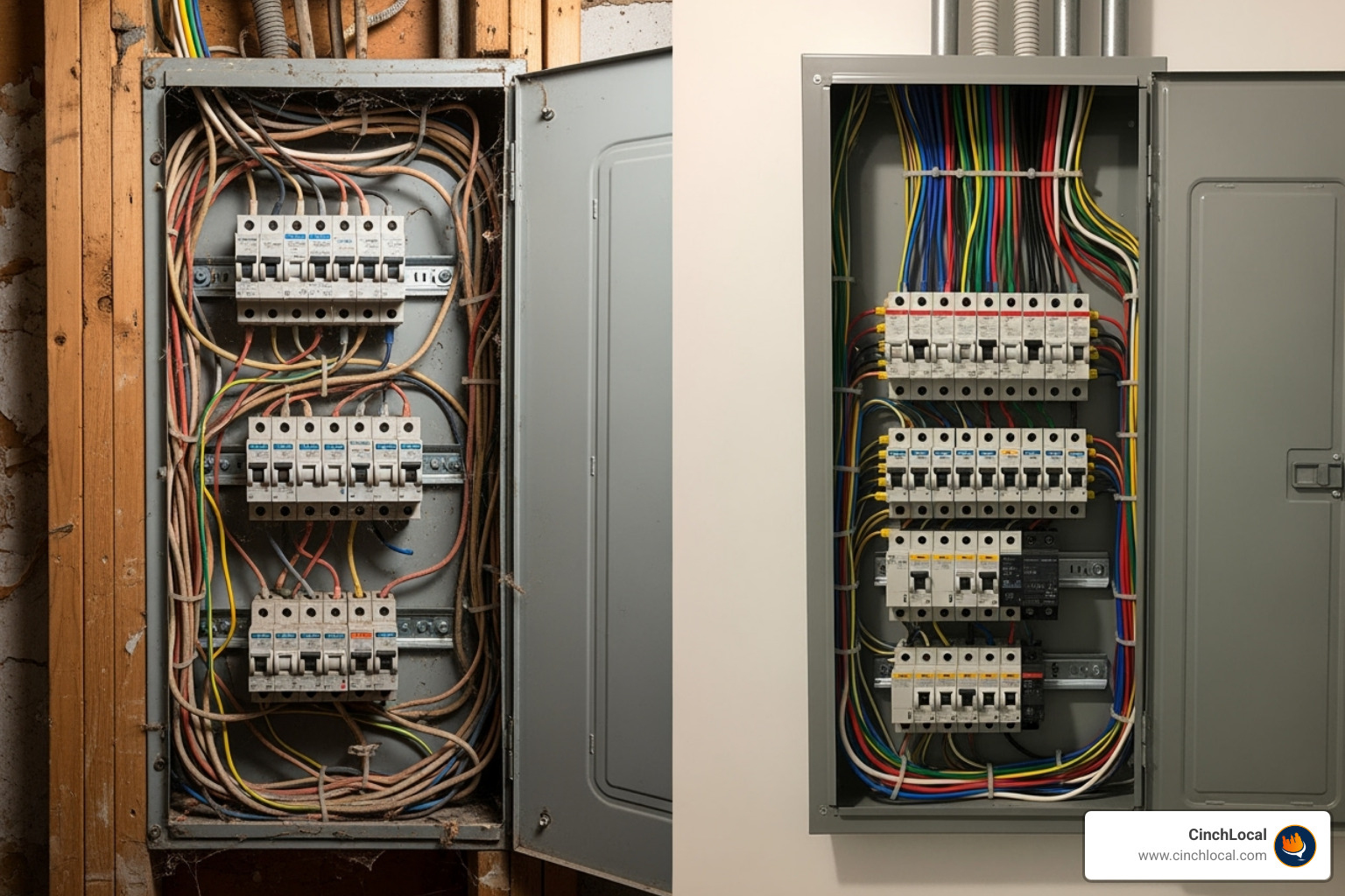 A clean, professional before-and-after electrical panel upgrade - social media for electricians A clean, professional before-and-after electrical panel upgrade - social media for electricians