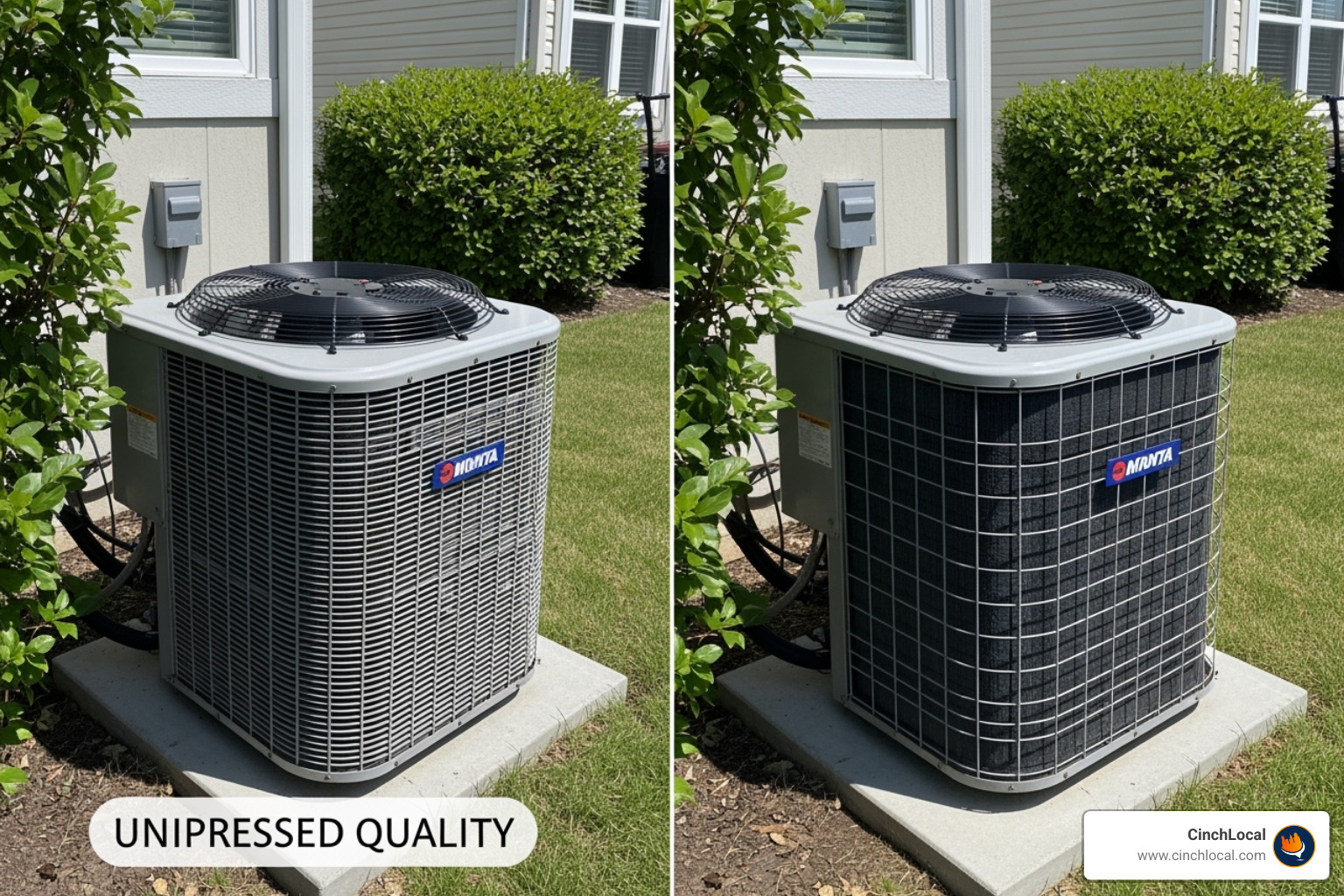 Comparison of compressed and uncompressed images of a residential HVAC unit, showing minimal quality loss but significant file size reduction. Metadata: Image optimization, SEO, HVAC website. - on site seo for hvac
