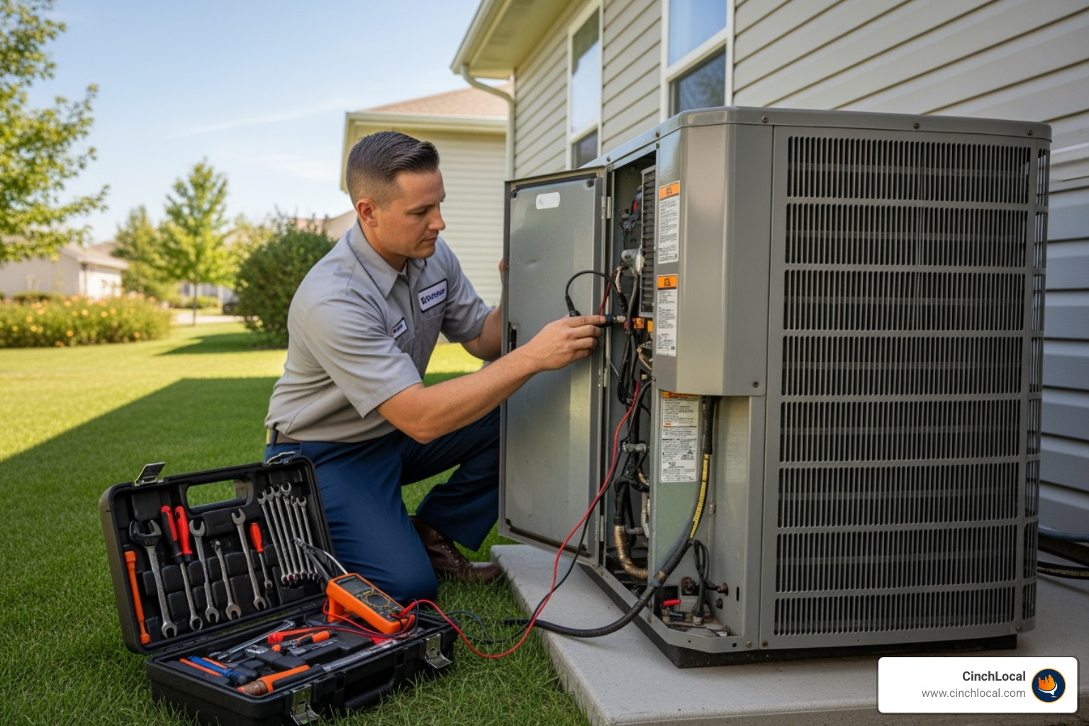 HVAC technician working on air conditioning unit - on site seo for hvac