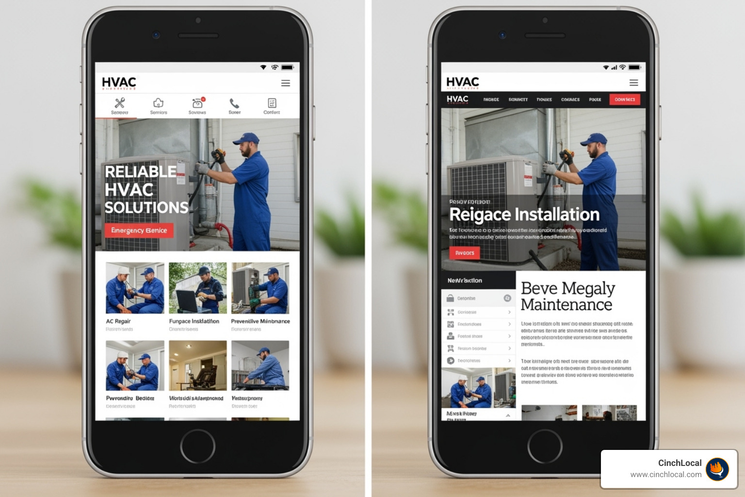 Side-by-side comparison of a mobile-friendly HVAC website and a non-mobile-friendly version on smartphones. Metadata: Mobile optimization, responsive design, HVAC SEO. - on site seo for hvac