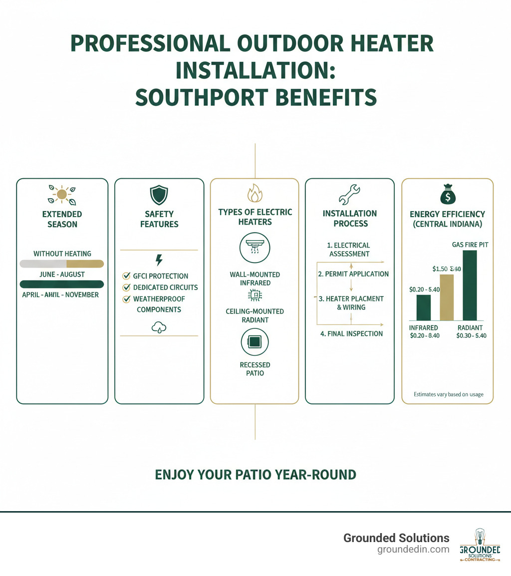 Detailed infographic showing the benefits of professional outdoor heater installation in Southport: extended outdoor season from April through November versus June through August without heating; safety features including GFCI protection, dedicated circuits, and weatherproof components; types of electric heaters including wall-mounted infrared, ceiling-mounted radiant, and recessed patio heaters; and the typical installation process from electrical assessment and permit application through final inspection - outdoor heater installation Southport infographic 