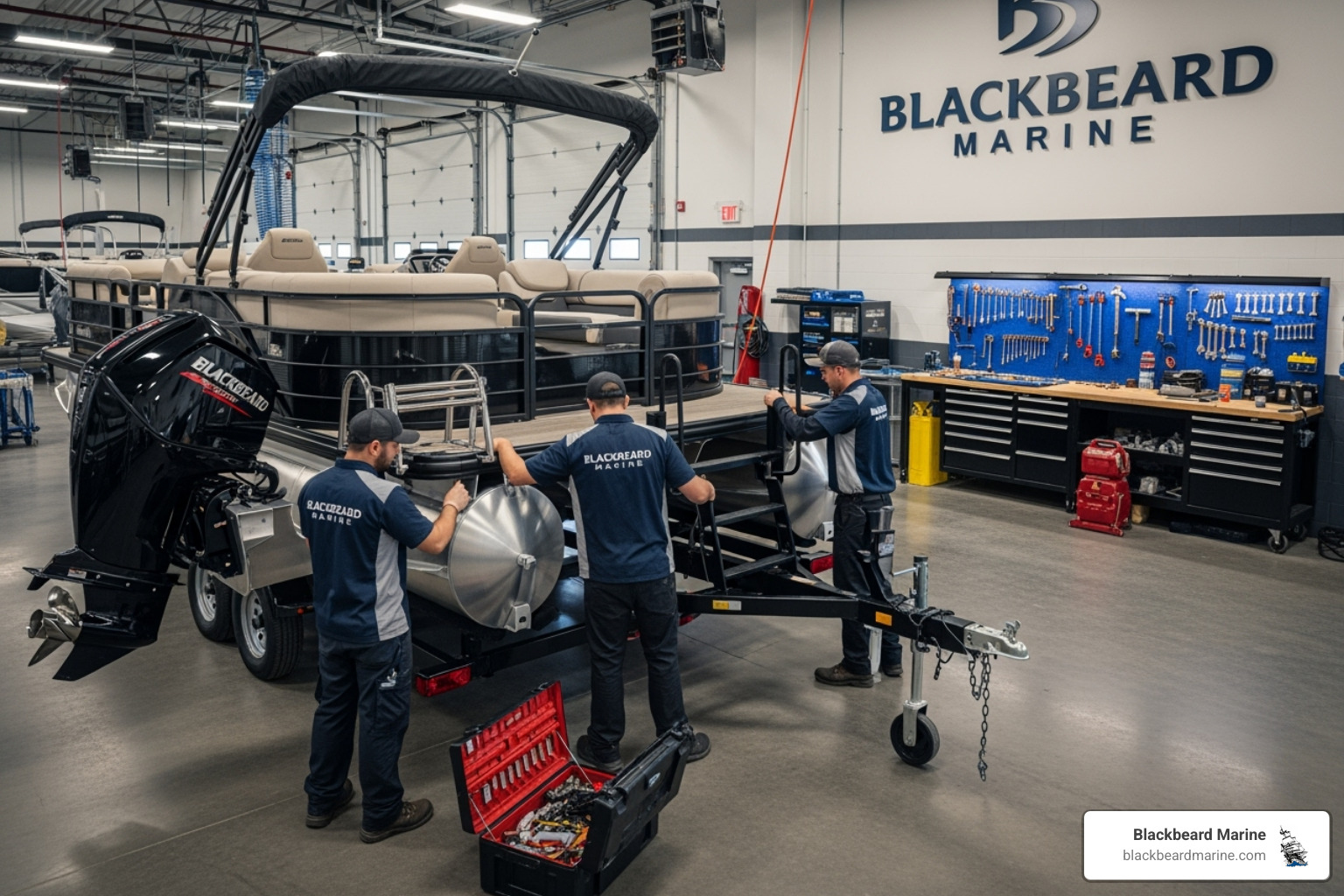 A pontoon boat being serviced at a Blackbeard Marine dealership, with technicians inspecting the engine and hull. - Pontoon boat buying tips A pontoon boat being serviced at a Blackbeard Marine dealership, with technicians inspecting the engine and hull. - Pontoon boat buying tips