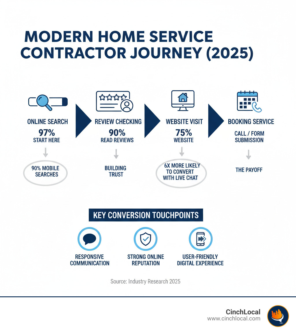 Modern customer journey for hiring home service contractors showing online search, review checking, website visit, and booking stages with key statistics and conversion touchpoints - electrician marketing ideas infographic 