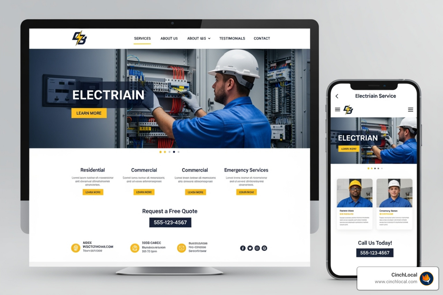 Clean, mobile-friendly electrician website displayed on desktop and mobile devices, highlighting essential features. - electrician marketing ideas