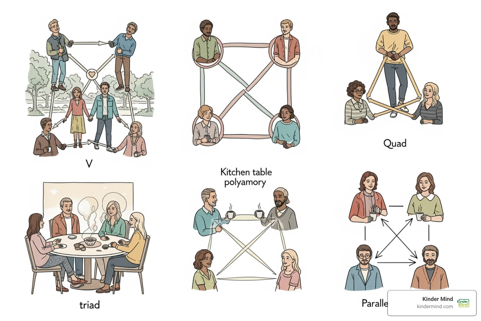 Diagram showing different polyamorous relationship structures like V, Triad, Parallel, and Kitchen Table - poly couples near me Diagram showing different polyamorous relationship structures like V, Triad, Parallel, and Kitchen Table - poly couples near me