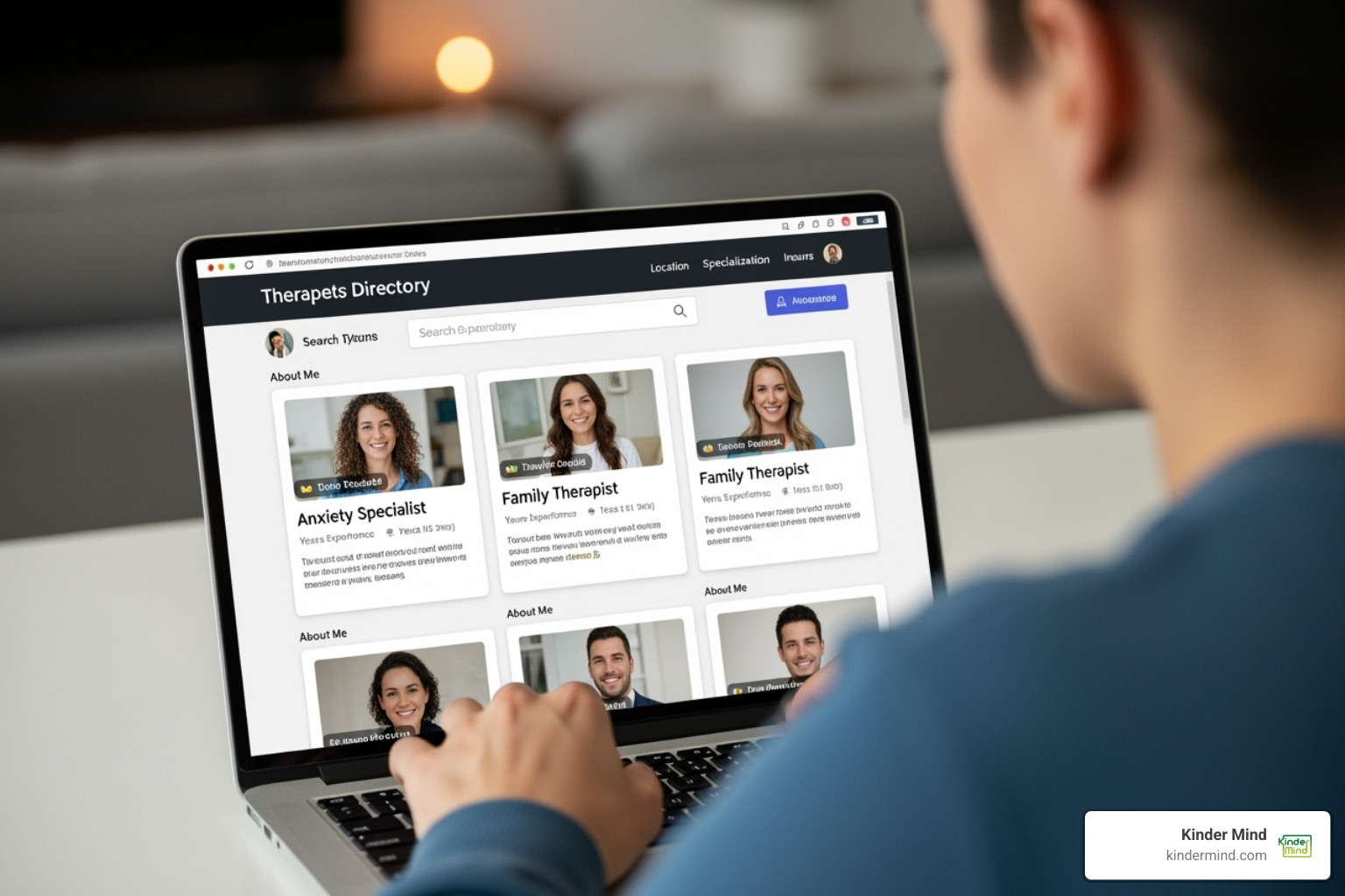 A person browsing an online therapist directory on a laptop, with various therapist profiles visible on the screen. - polyamory therapist