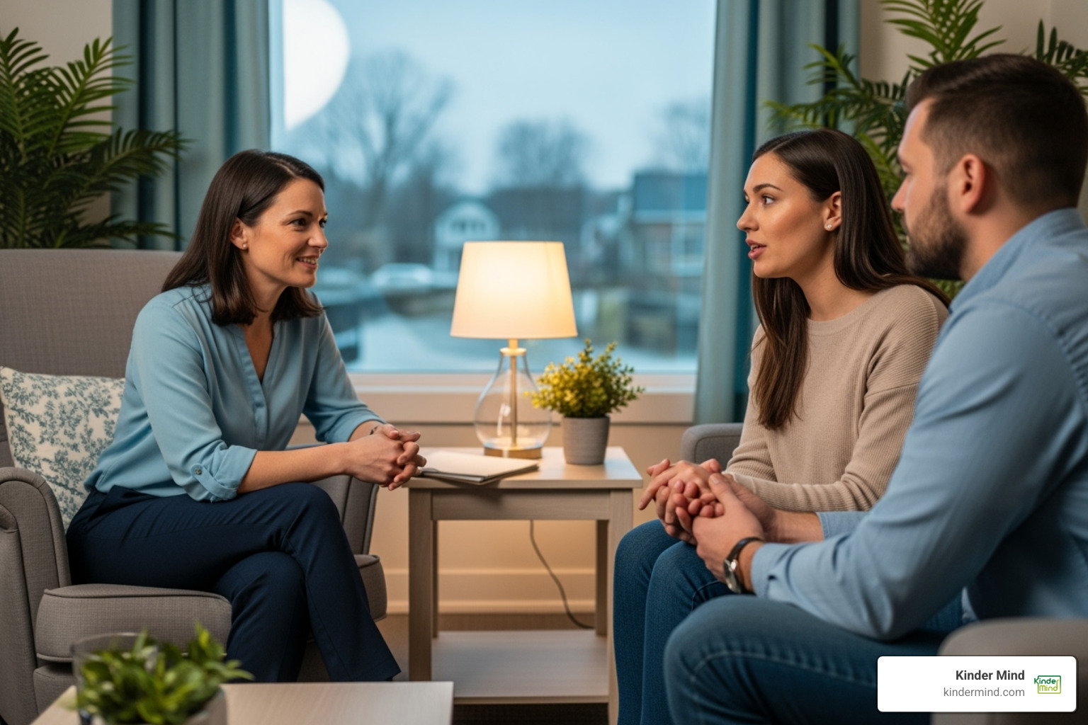 A compassionate therapy session with three people, a therapist listening attentively to two clients who are holding hands, conveying support and understanding. - polyamory therapist