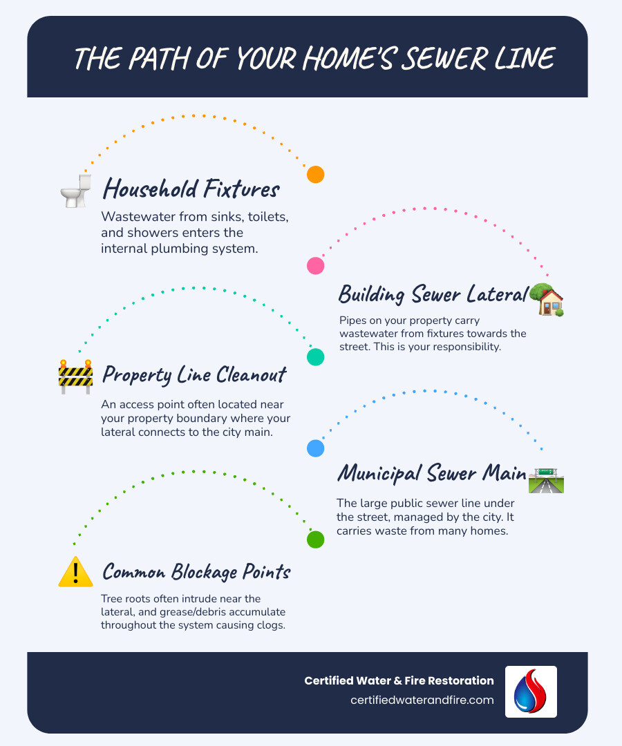 Infographic showing the path of wastewater from household fixtures through the building sewer lateral, past the property line cleanout, connecting to the municipal sewer main, with labels indicating homeowner responsibility zone versus city responsibility, and common problem areas like tree root intrusion points and typical blockage locations - sewage line cleaning infographic infographic-line-5-steps-blues-accent_colors