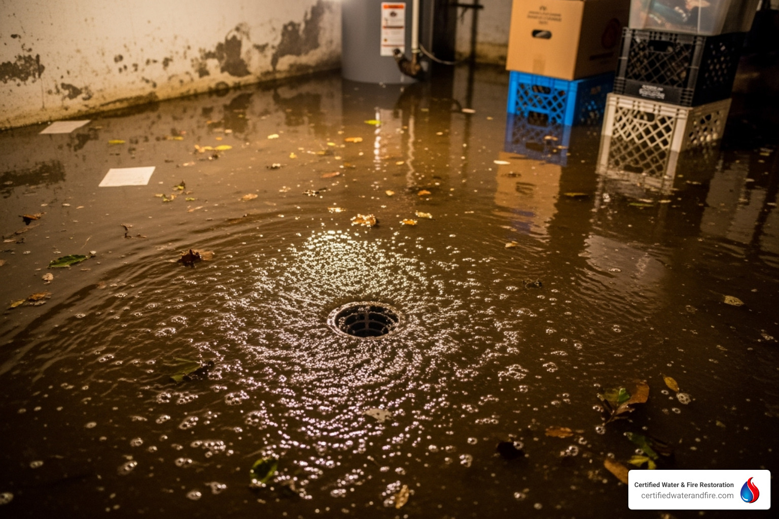 backed-up floor drain in a basement - sewage line cleaning