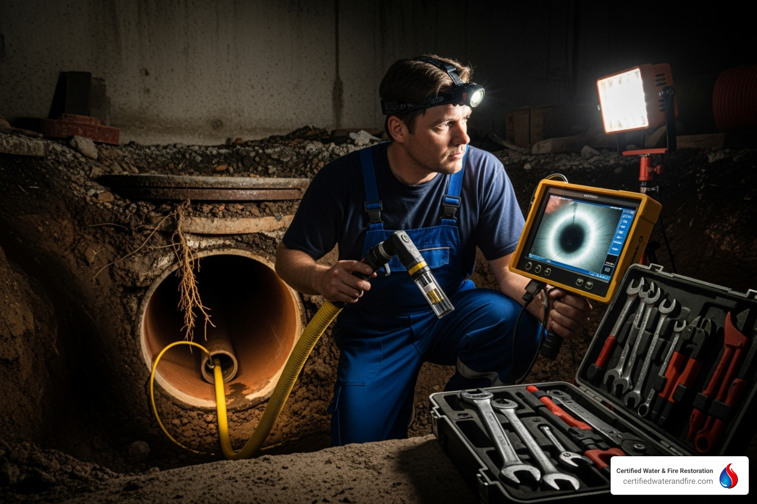 plumber using a video inspection camera in a pipe - sewage line cleaning