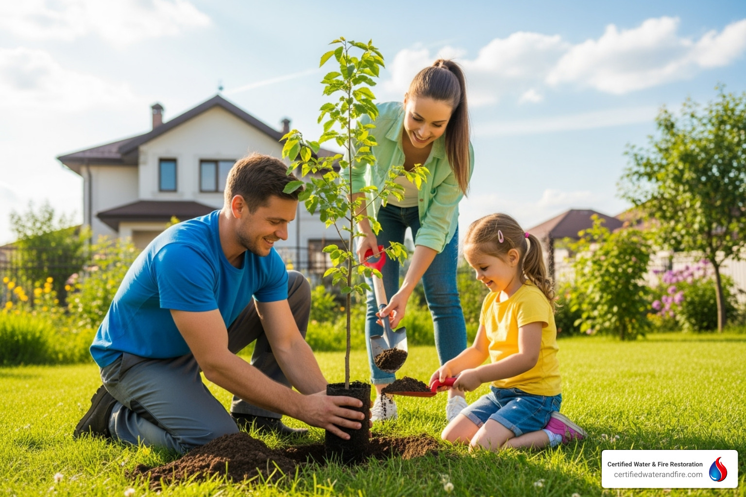 family planting a tree away from a house - sewage line cleaning