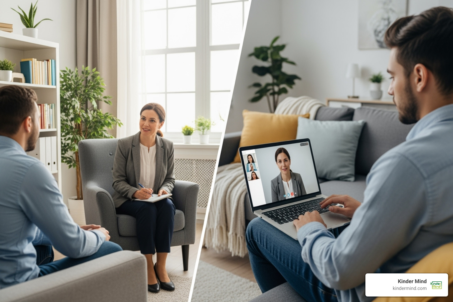 split-screen image showing an in-person therapy session on one side and a virtual therapy session on a laptop on the other - mental health professionals near me
