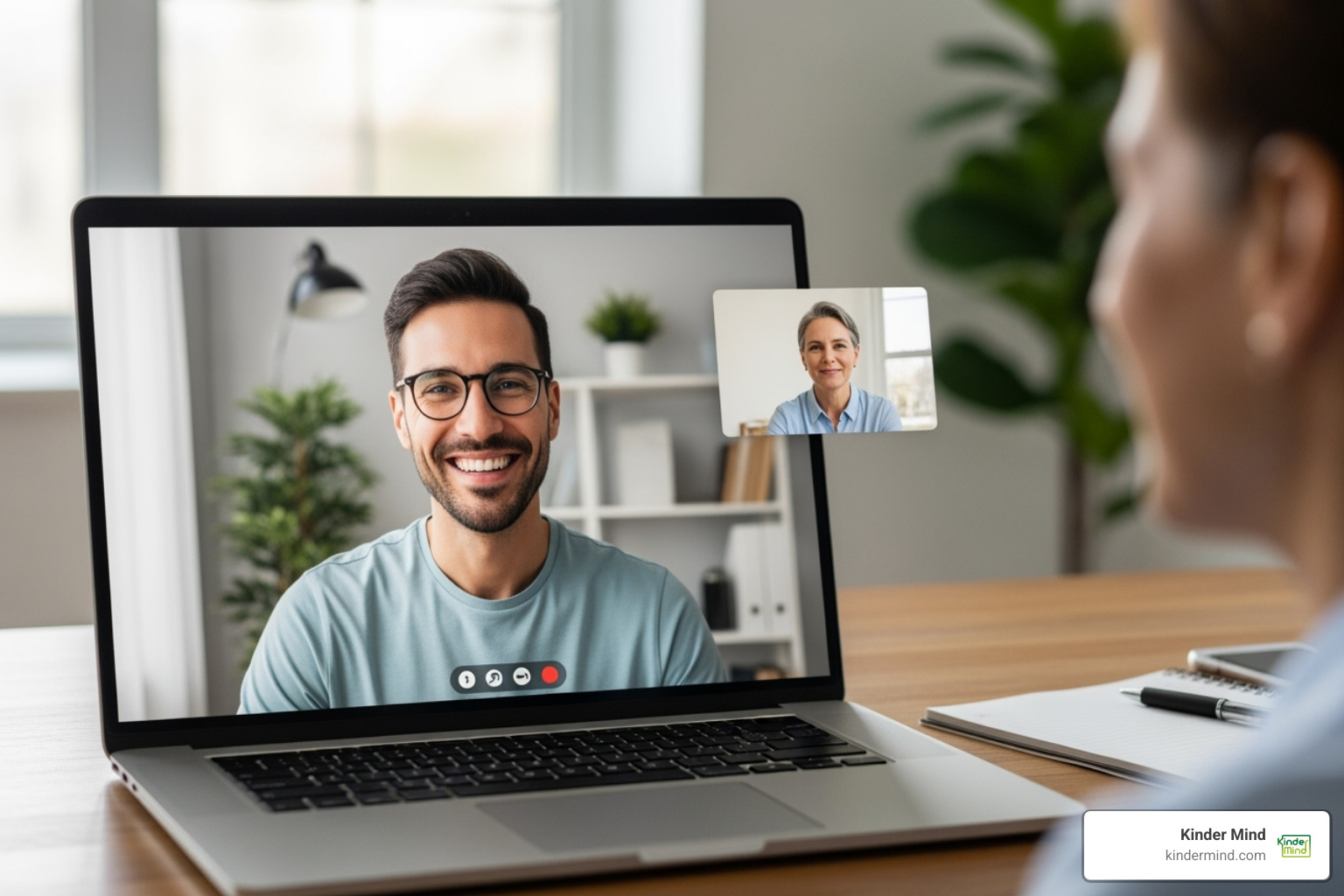 person confidently smiling while on a video call for an online therapy session - social anxiety therapy person confidently smiling while on a video call for an online therapy session - social anxiety therapy