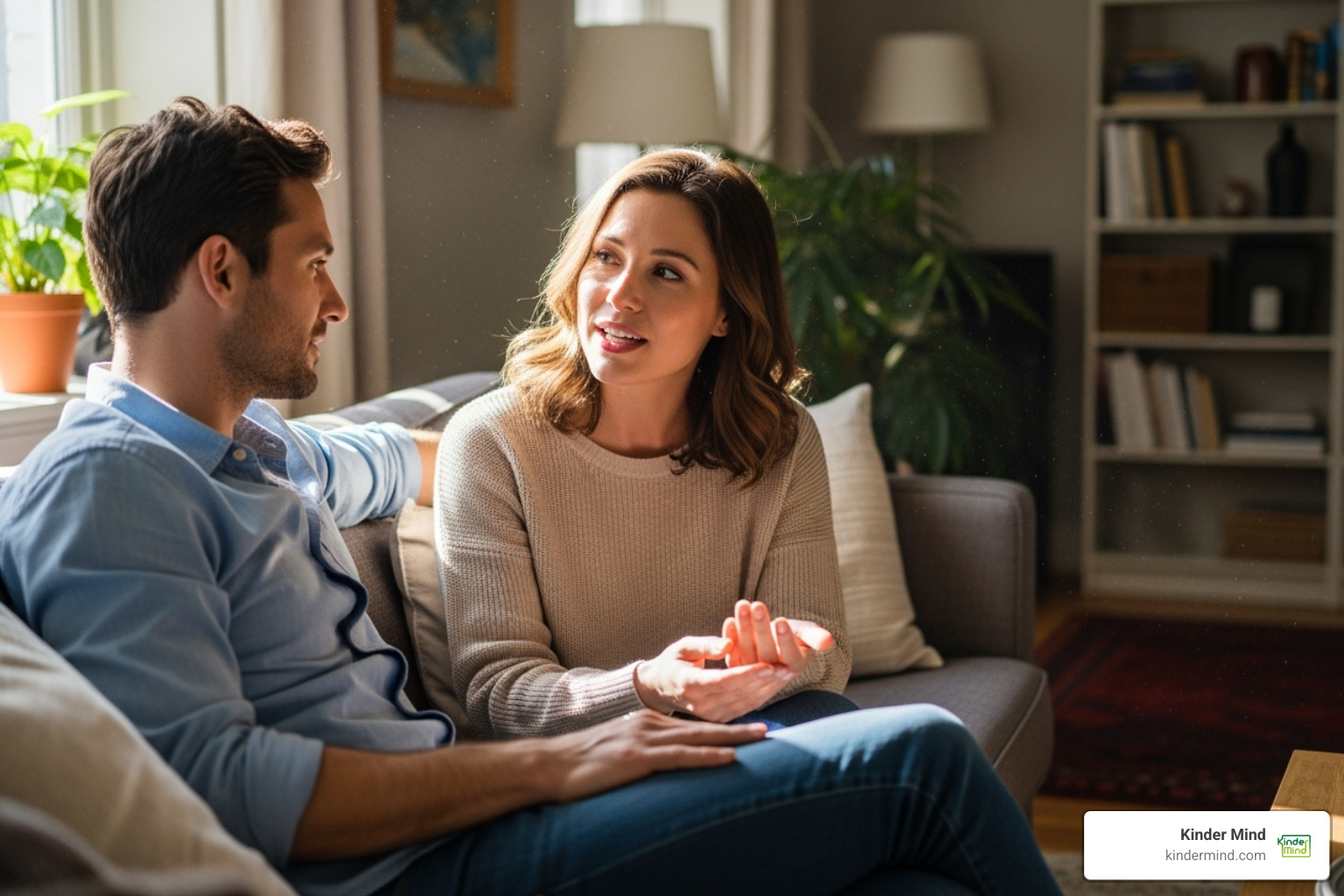 two partners listening intently to each other in a calm setting - Communication in polyamory