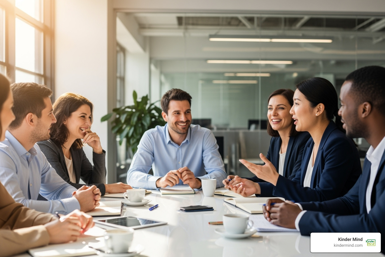 multiple people sitting around a table talking and smiling - Consent in polyamory