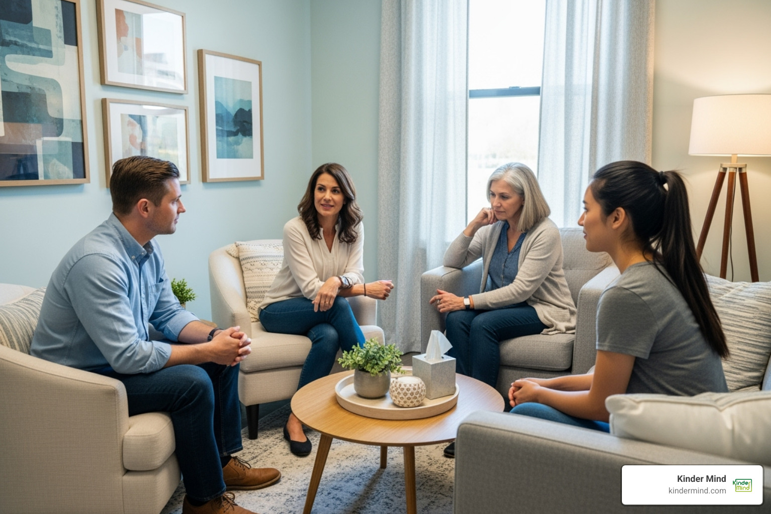 therapy session with three people and a therapist - polyamorous couples counseling