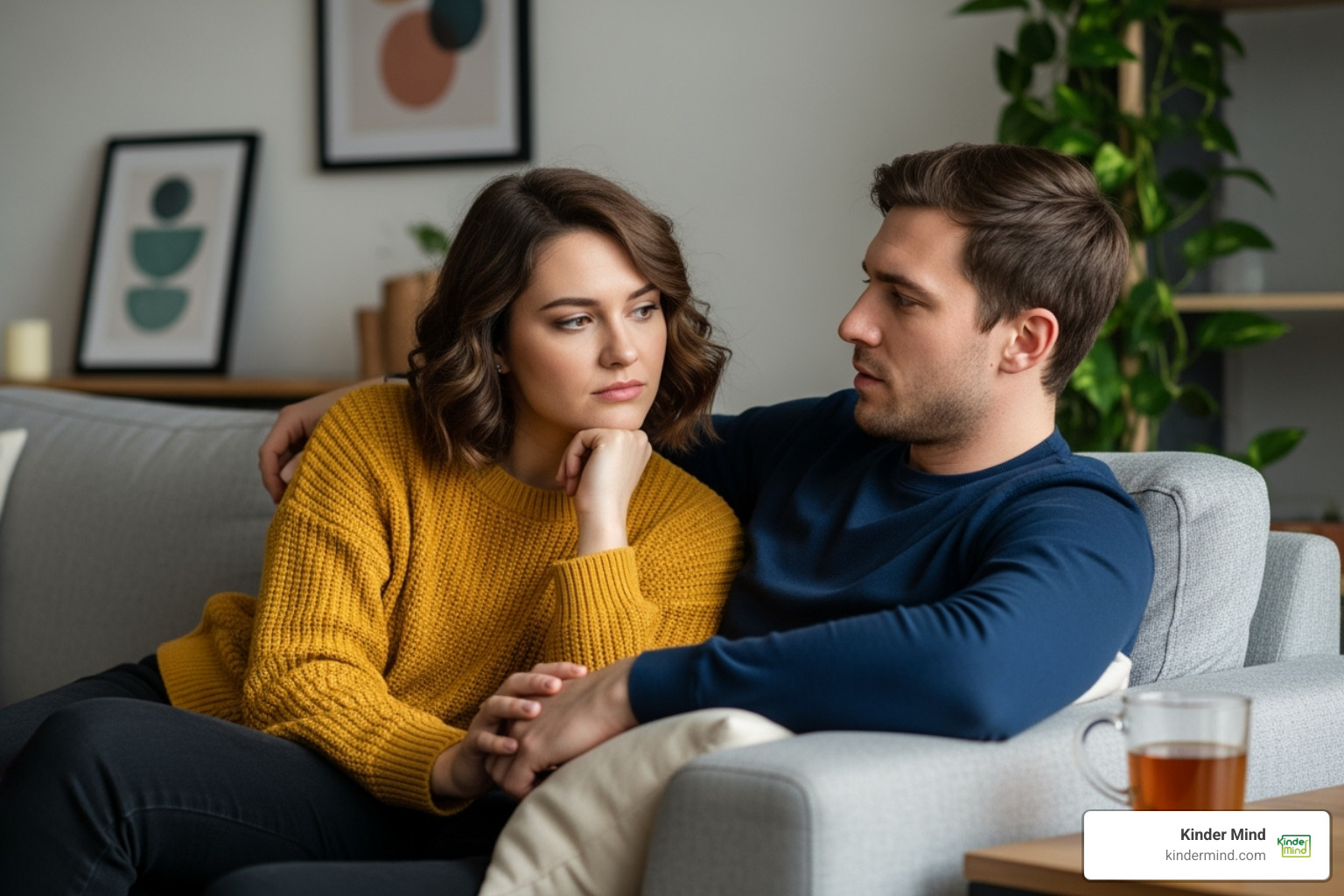 couple looking thoughtful and talking on a couch - polyamorous couples counseling