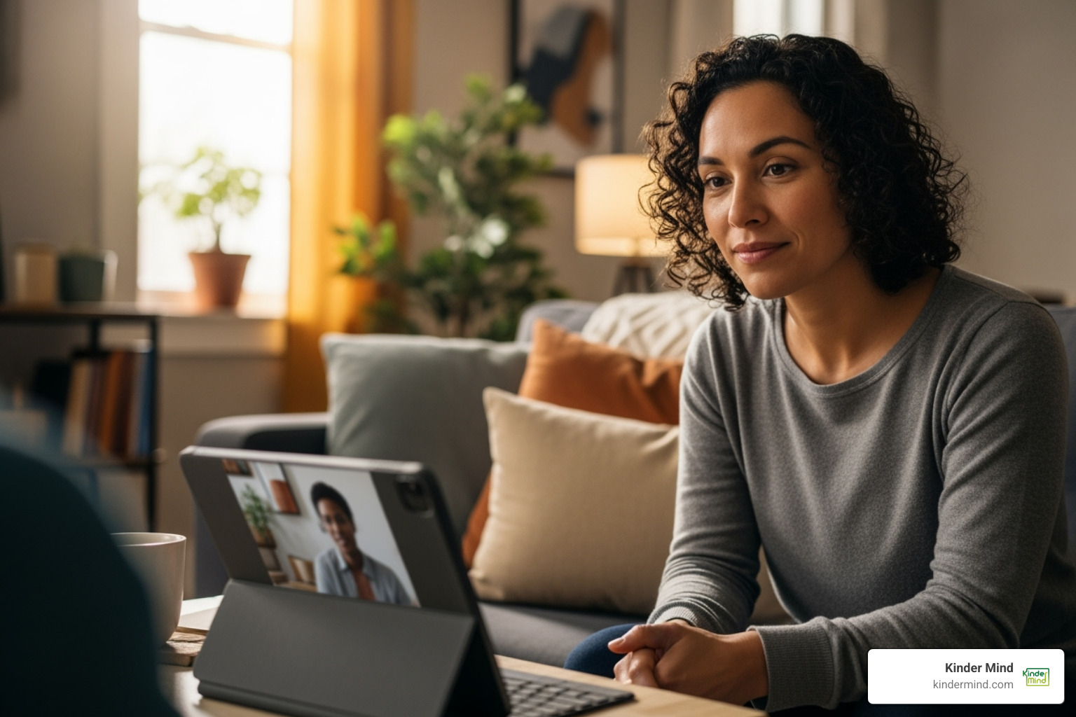 person having a comfortable and supportive teletherapy session on a tablet - online social anxiety