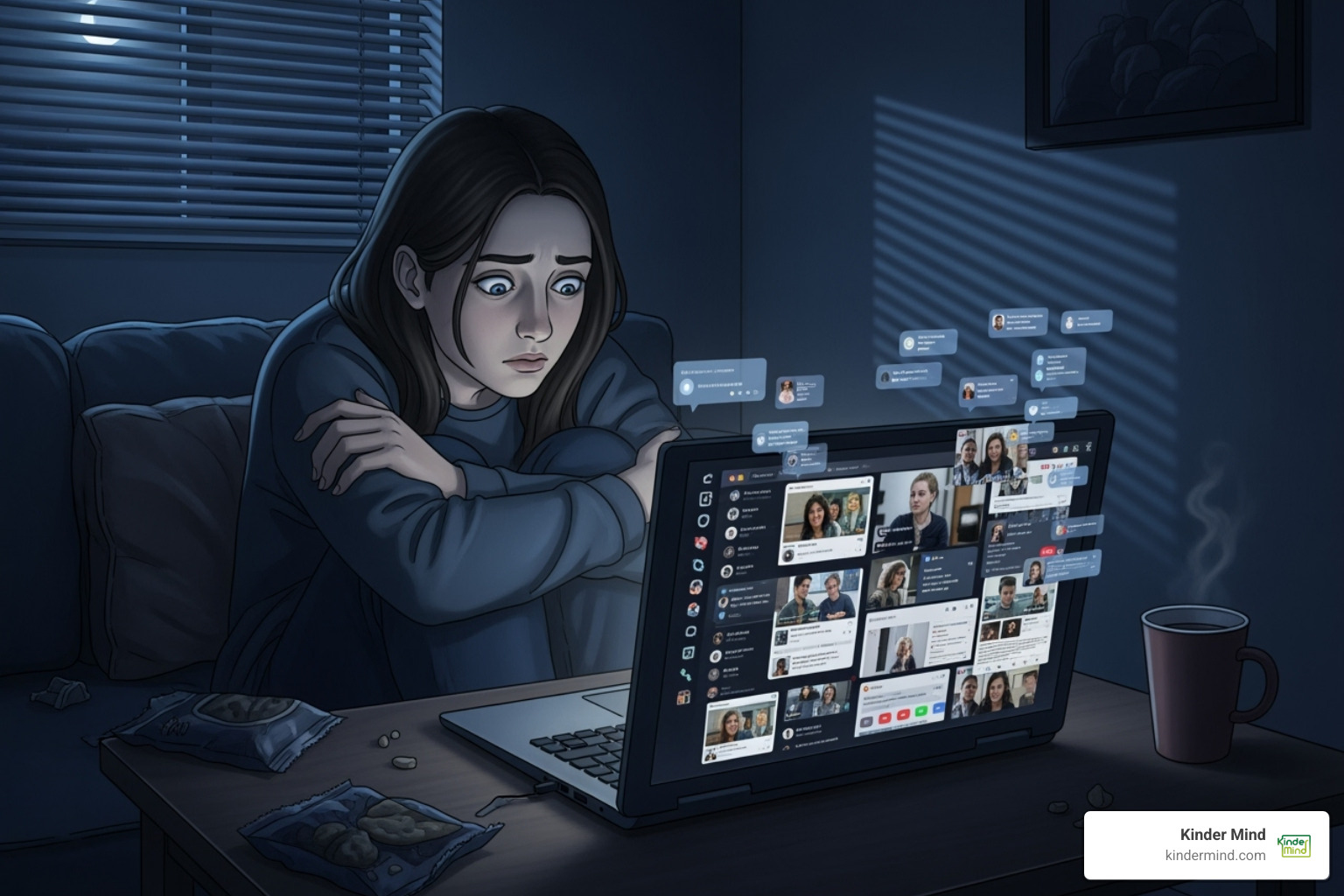 split screen showing a calm, controlled text conversation on one side and a chaotic, crowded party on the other - online social anxiety