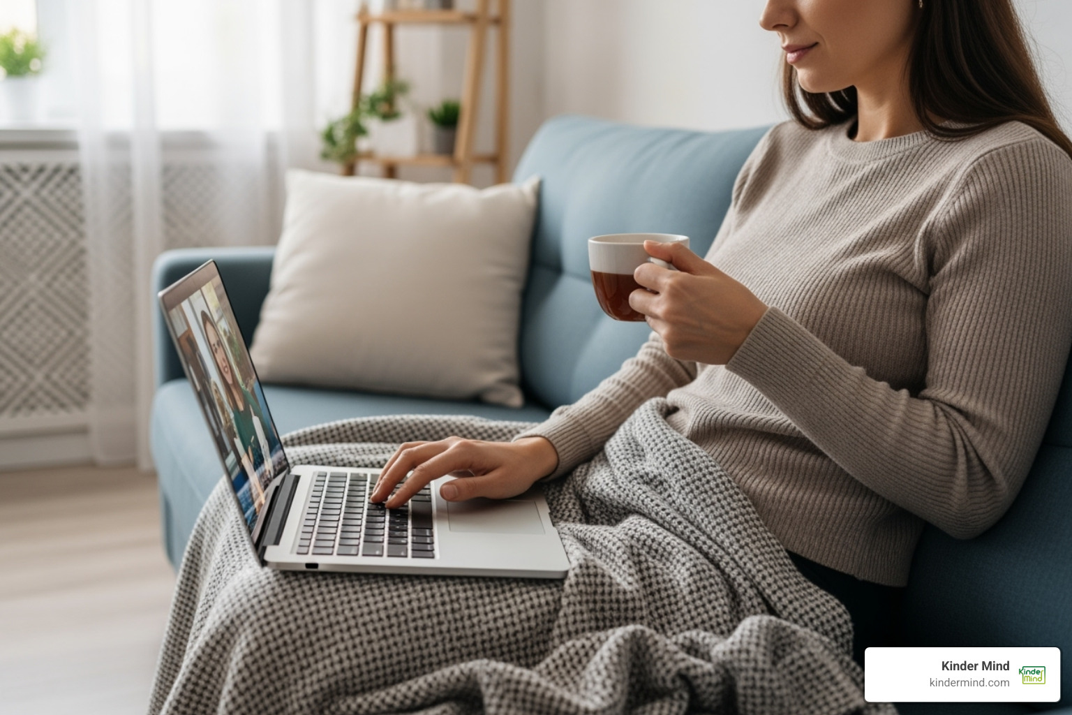 A person sitting comfortably in a well-lit, private living room, engaged in a virtual therapy session on a laptop. They are relaxed, perhaps sipping tea, with a soft blanket draped over their lap. The scene emphasizes the comfort, privacy, and ease of accessing mental health support from one's own home. - virtual mental health support