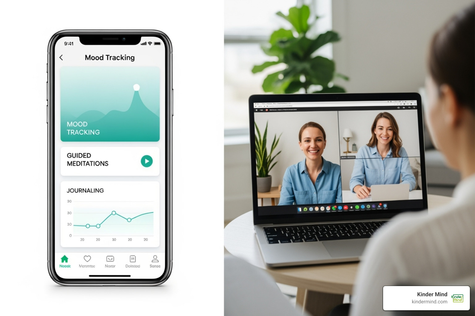 A smartphone screen displaying a mental health app interface, showing a colorful, inviting design with options for mood tracking, guided meditations, and journaling. Next to it, a laptop shows a video therapy session in progress, with a therapist and client engaged in a virtual conversation, highlighting the personal connection possible through online platforms. - virtual mental health support