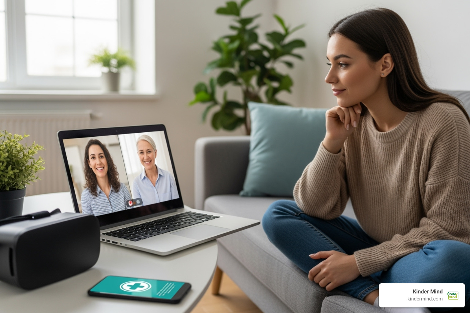 A person's hands are shown typing on a laptop keyboard, with a therapist directory website clearly visible on the screen. The website displays profiles of various mental health professionals, including their photos, specialties, and contact information, emphasizing the ease of searching for support online. - virtual mental health support