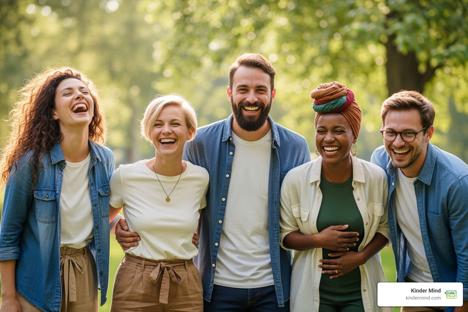 Happy polycule laughing outdoors - Polyamory relationship advice Happy polycule laughing outdoors - Polyamory relationship advice