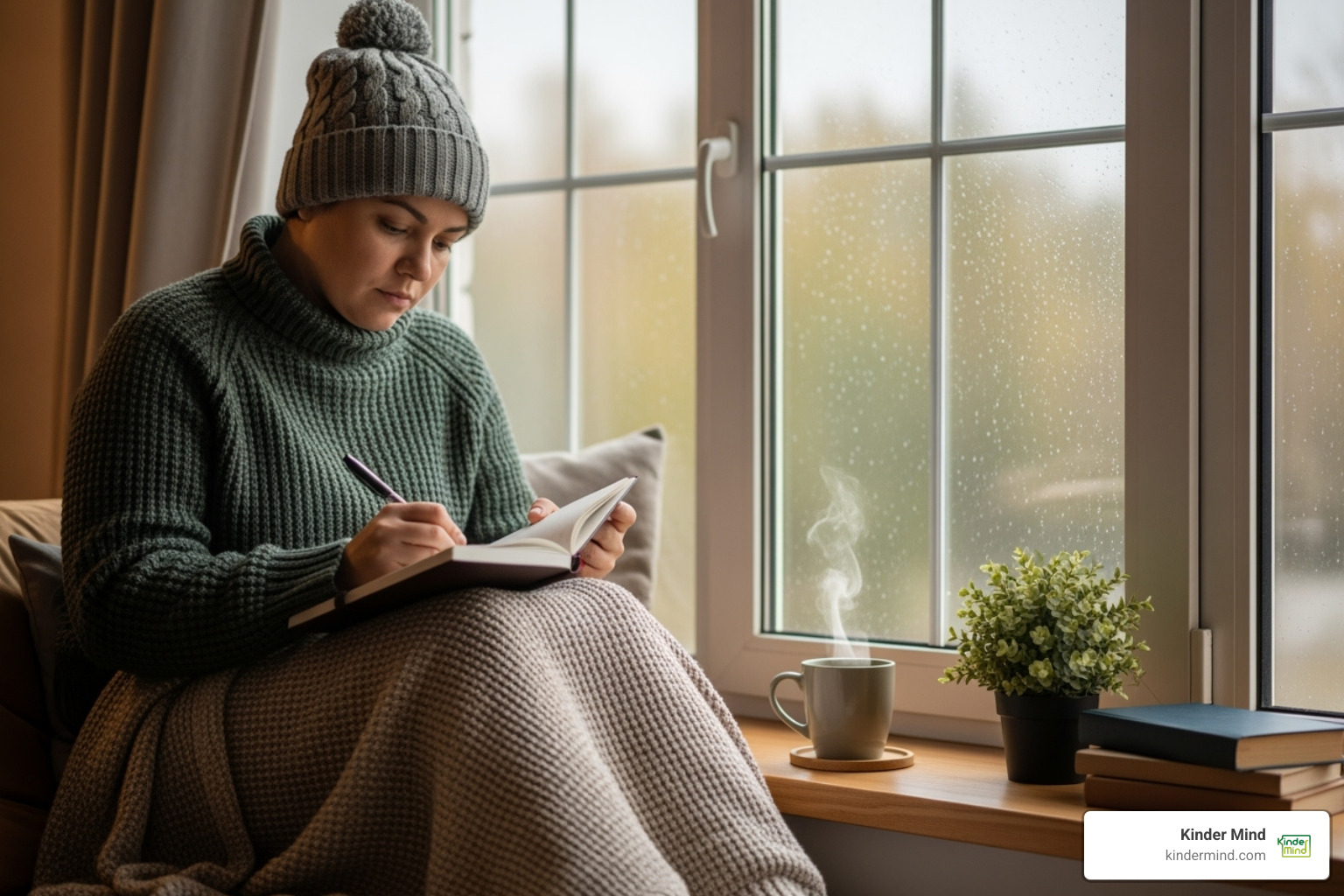 Person journaling thoughtfully by a window - Polyamory relationship advice Person journaling thoughtfully by a window - Polyamory relationship advice