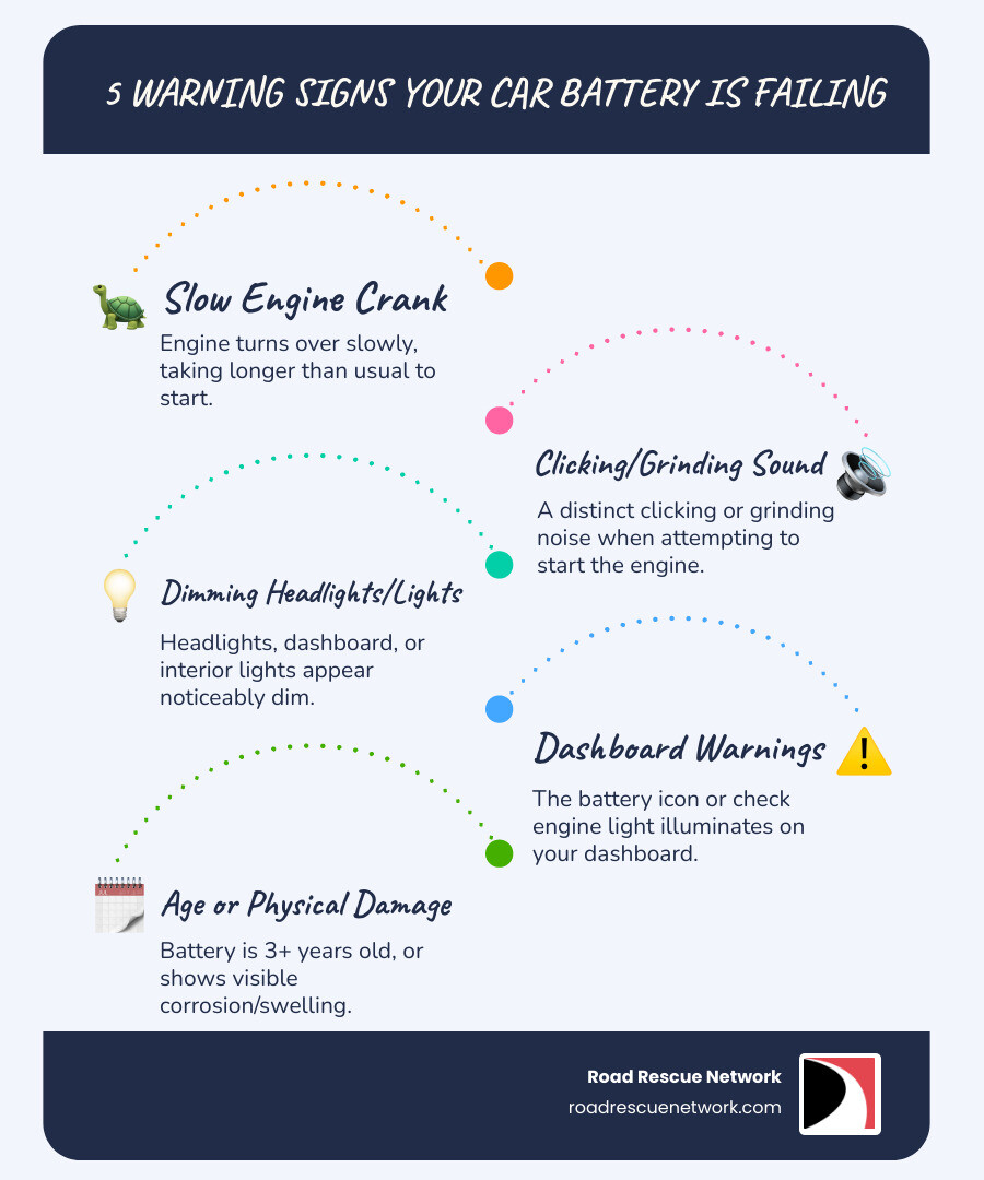 Infographic showing the 5 warning signs your car battery is failing: 1) Slow engine crank when starting, 2) Clicking or grinding sound when turning the key, 3) Dimming headlights or interior lights, 4) Dashboard warning lights (battery or check engine), 5) Battery age of 3+ years or visible corrosion/swelling on the case - Los Angeles battery service infographic infographic-line-5-steps-blues-accent_colors