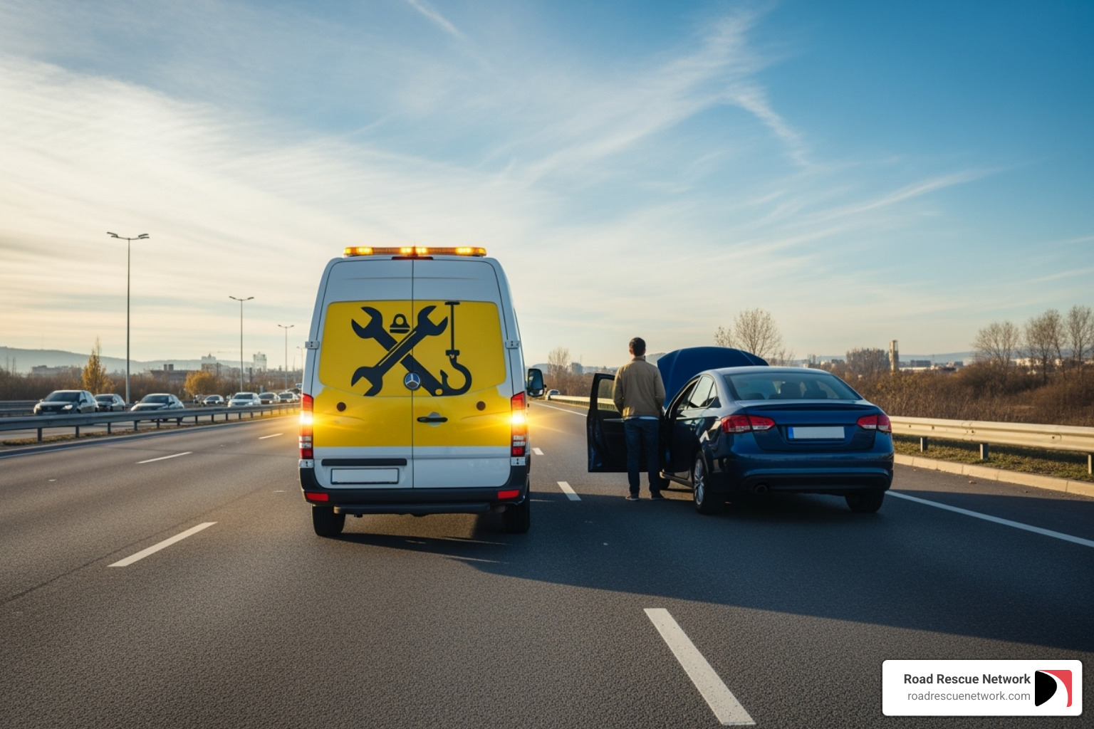 Mobile service van arriving to help a stranded motorist - Los Angeles battery service