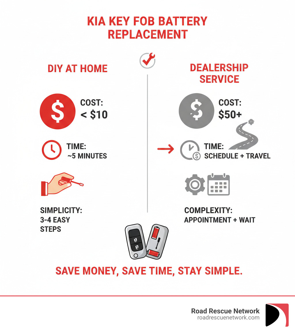 Infographic showing the benefits of DIY Kia key fob battery replacement compared to dealership service: Cost savings of under $10 for DIY versus $50 or more at a dealership, Time savings of just 5 minutes at home versus scheduling and driving to a service center, and Simplicity of only 3-4 easy steps with basic tools like a screwdriver and new battery - kia key fob battery replacement infographic Infographic showing the benefits of DIY Kia key fob battery replacement compared to dealership service: Cost savings of under $10 for DIY versus $50 or more at a dealership, Time savings of just 5 minutes at home versus scheduling and driving to a service center, and Simplicity of only 3-4 easy steps with basic tools like a screwdriver and new battery - kia key fob battery replacement infographic